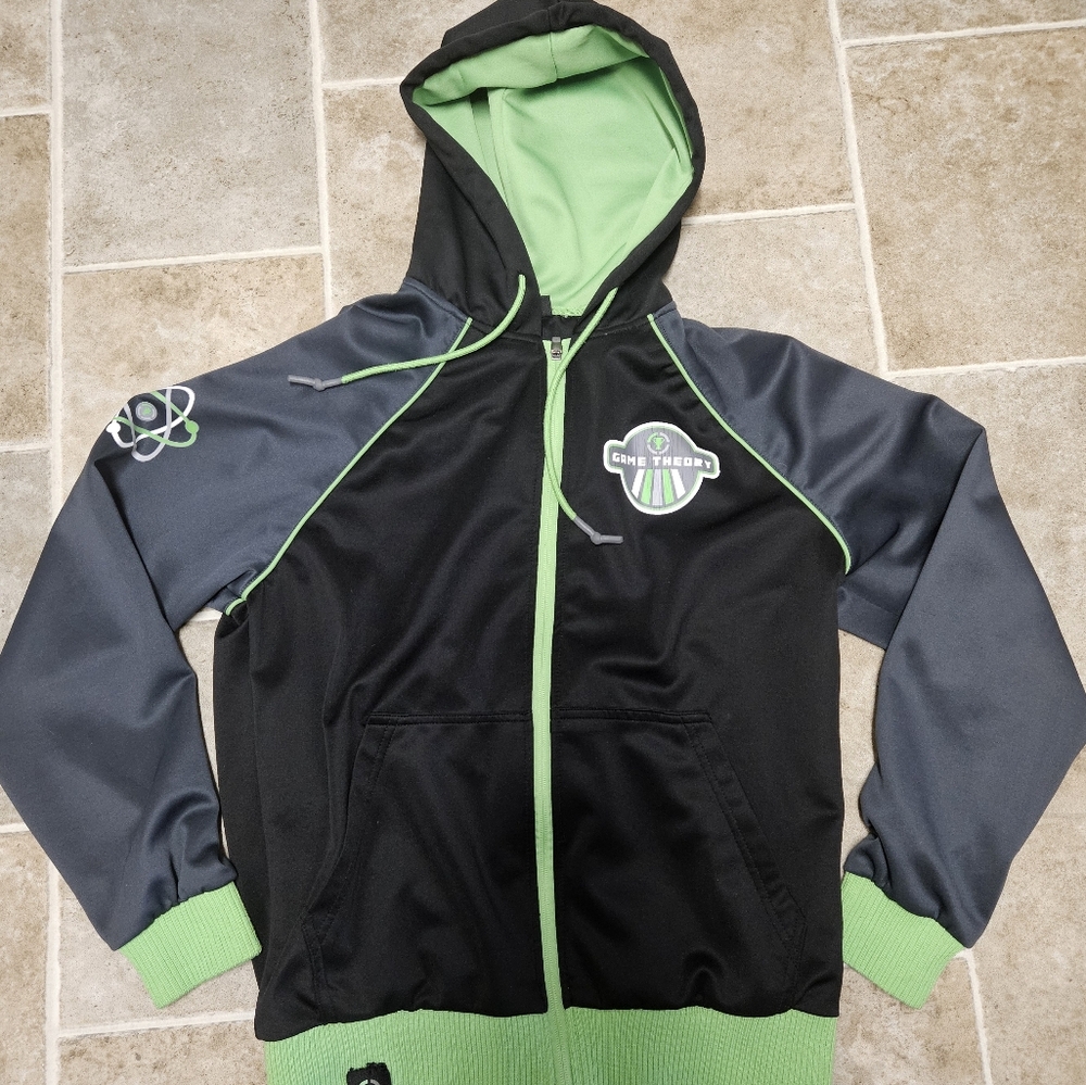 Game Theory Full Zip Graphic Hoodie Large Black Green MatPat Youtuber Thumbholes